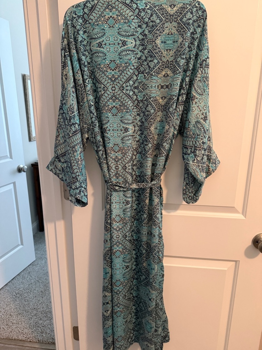 Light Teal Printed Kimono Robe with Self Tie -All Size - Picture 5 of 5